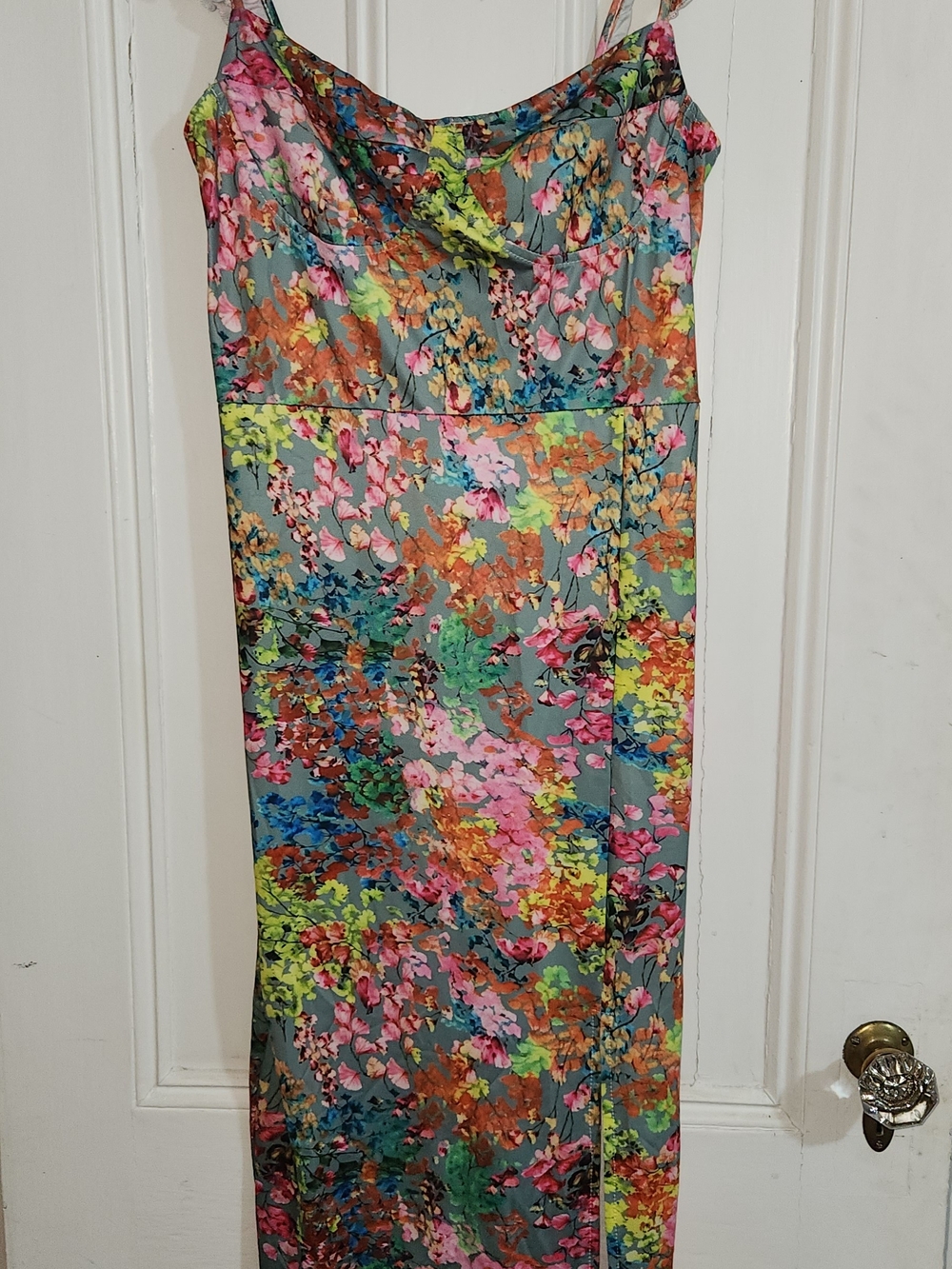 Sexy Multicolor Floral Slip Midi Dress with Ruffled Straps XL - Picture 3 of 6